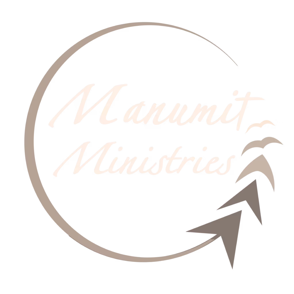 A beige and tan graphic logo with words Manumit Ministries in an open circle that turns into arrows pointing upward into wings.