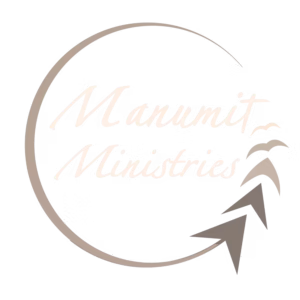 A beige and tan graphic logo with words Manumit Ministries in an open circle that turns into arrows pointing upward into wings.