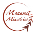 An orange and brown graphic logo with words Manumit Ministries in an open circle that turns into arrows pointing upward into wings.