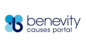A soft teal blue combination mark logo for benevity with a brand icon on left and the words benevity causes portal on right.